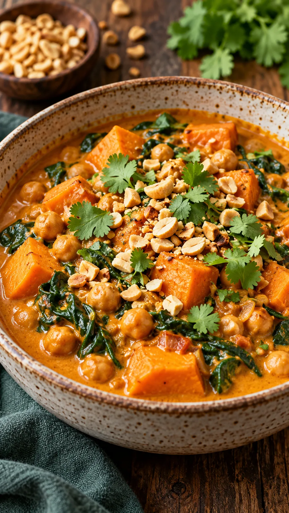 A rustic ceramic bowl containing a rich orange-hued Thai peanut chickpea stew with chunks of sweet potato and wilted spinach, garnished with chopped roasted peanuts and fresh cilantro leaves.