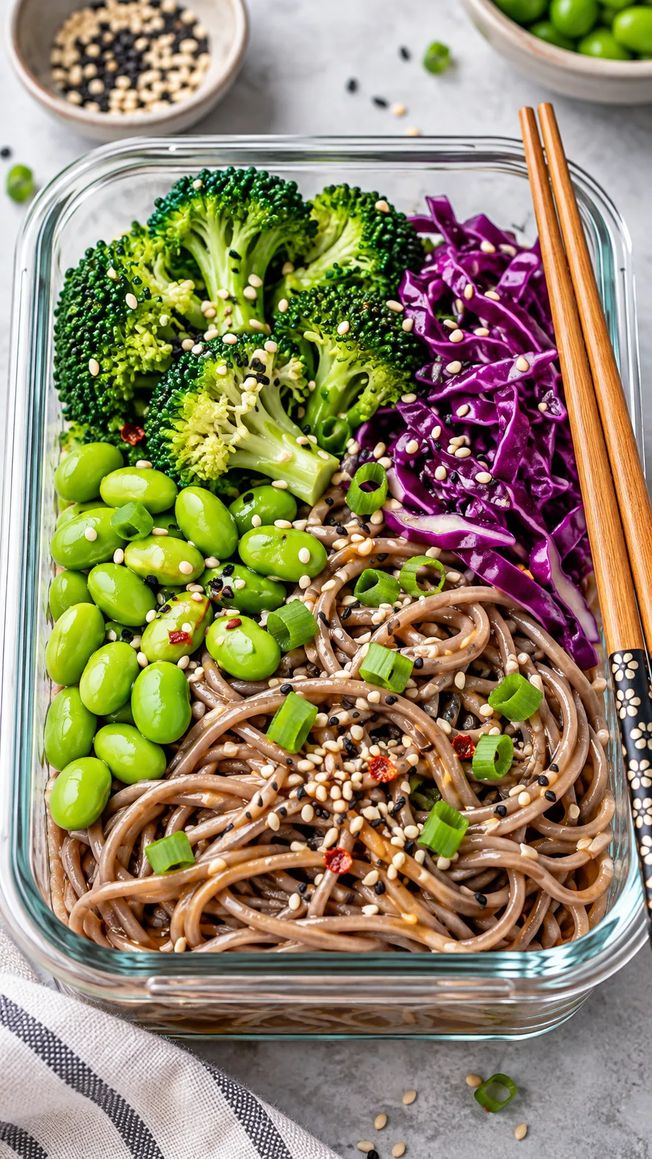 Glass meal container packed with buckwheat soba noodles, vibrant green edamame beans, steamed broccoli florets, shredded purple cabbage, and sesame seeds with chopsticks resting on the side.