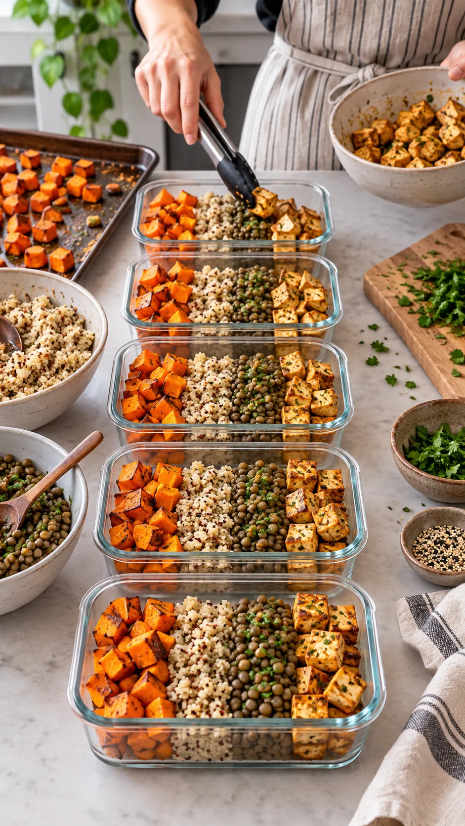 Kitchen assembly line setup showing five matching glass food prep containers being filled systematically with roasted sweet potatoes, quinoa, green lentils, and marinated tofu by home cook hands.