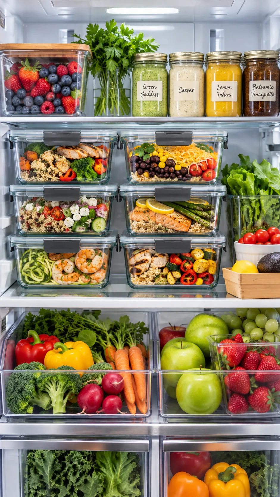 Set of glass meal prep containers neatly stacked inside a pristine, well-organized modern refrigerator next to fresh glass jars of homemade dressing and fresh produce.