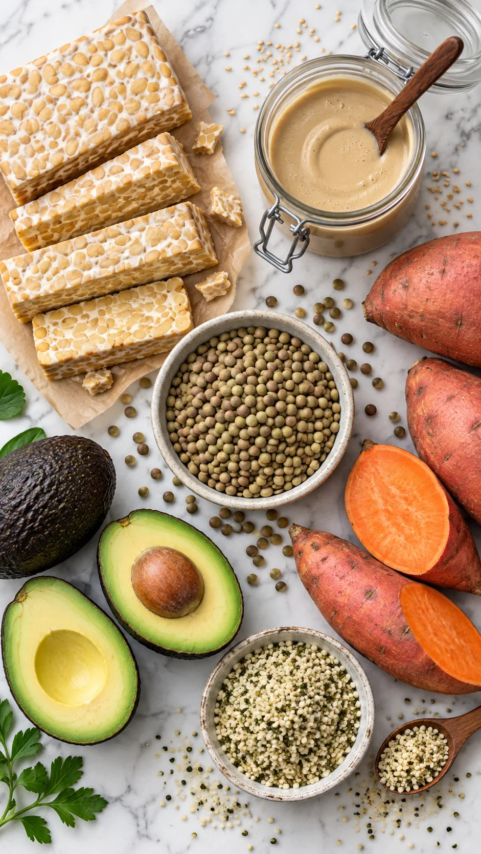 Artistic flat-lay arrangement of raw ingredients on a white marble surface: blocks of tempeh, open glass jar of tahini, dry green lentils, vibrant sweet potatoes, fresh avocados, and hemp seeds in small bowls.