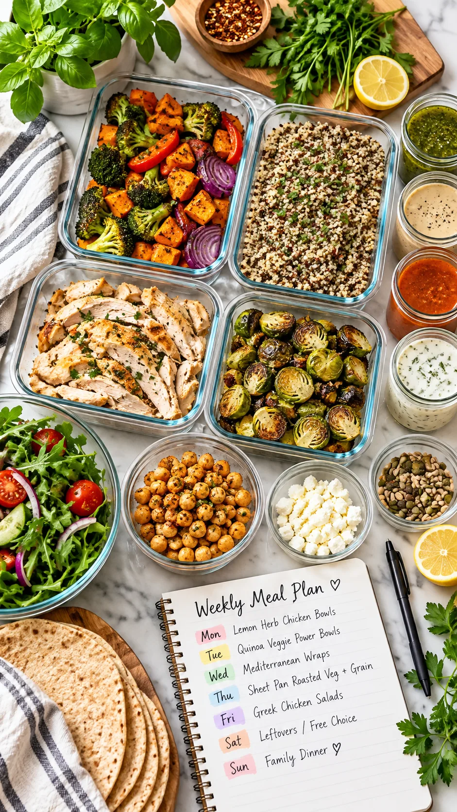 Bright realistic overhead food photography of a Sunday meal prep kitchen with colorful glass containers, roasted vegetables, cooked grains, shredded chicken, sauces in small jars, fresh herbs, and a handwritten weekly meal plan on a countertop