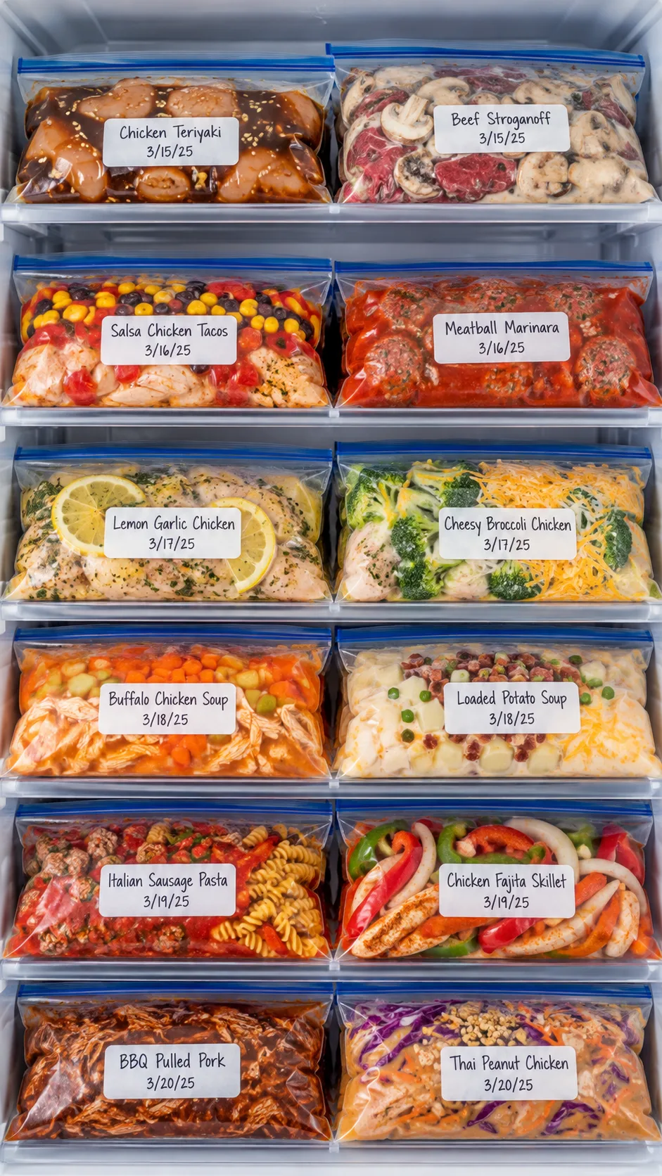 Neatly organized freezer bags filled with colorful uncooked meal prep ingredients laying flat on clear freezer shelves, labeled with recipes and dates