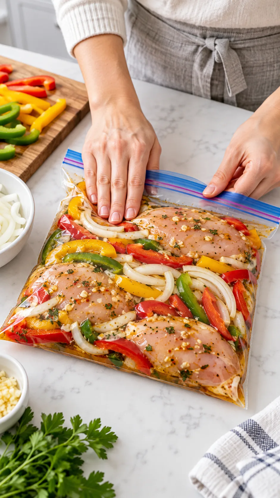 Hands sealing a flat-lay freezer bag of marinated raw chicken, bell peppers, and sliced onions, squeezing out excess air over a clean kitchen island