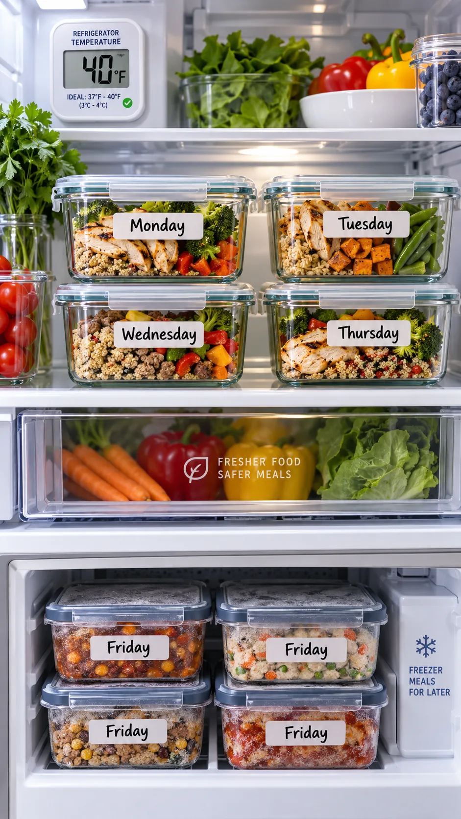 Realistic food safety meal prep scene showing labeled glass containers in a refrigerator, some containers marked Monday through Thursday and freezer containers marked Friday, with a refrigerator thermometer visible at 40 degrees Fahrenheit
