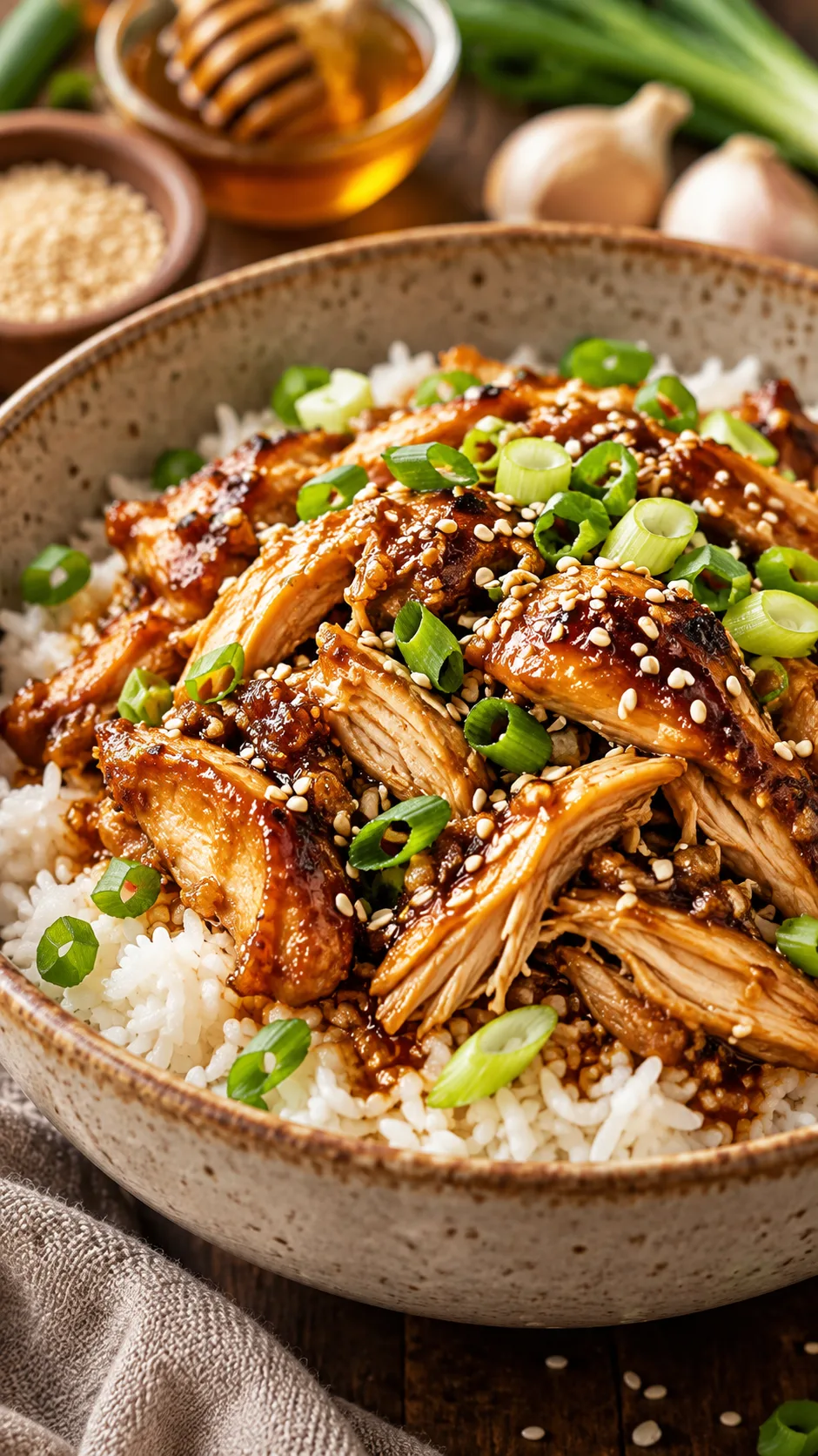 Tender cooked honey garlic shredded chicken thighs over jasmine rice garnished with sliced scallions and sesame seeds in a warm ceramic bowl