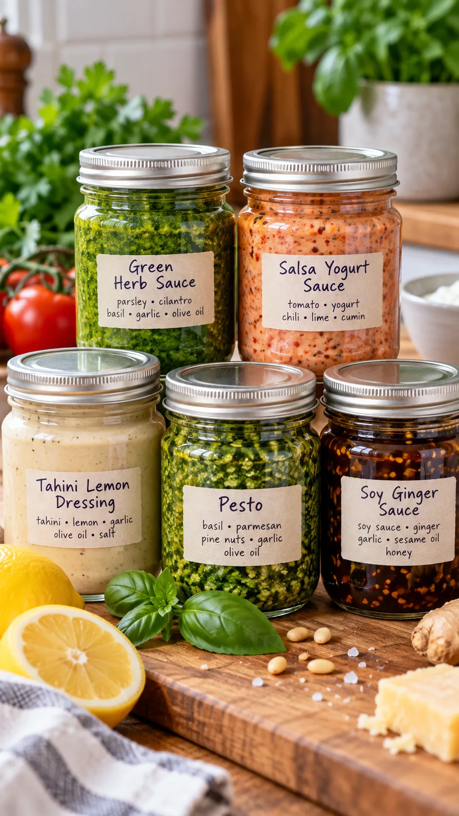 Close-up realistic food photography of five small glass jars of colorful homemade meal prep sauces including green herb sauce, red salsa yogurt sauce, creamy tahini lemon dressing, pesto, and soy ginger sauce with labeled lids on a wooden kitchen counter