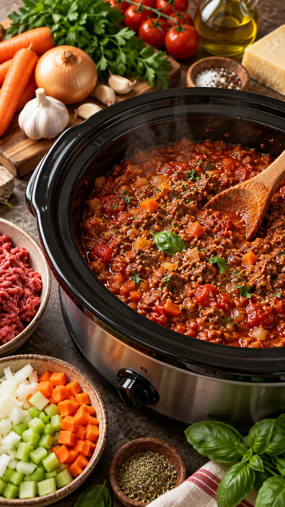 Rich thick Italian beef bolognese simmering inside a slow cooker pot alongside raw ingredients and wooden spoon