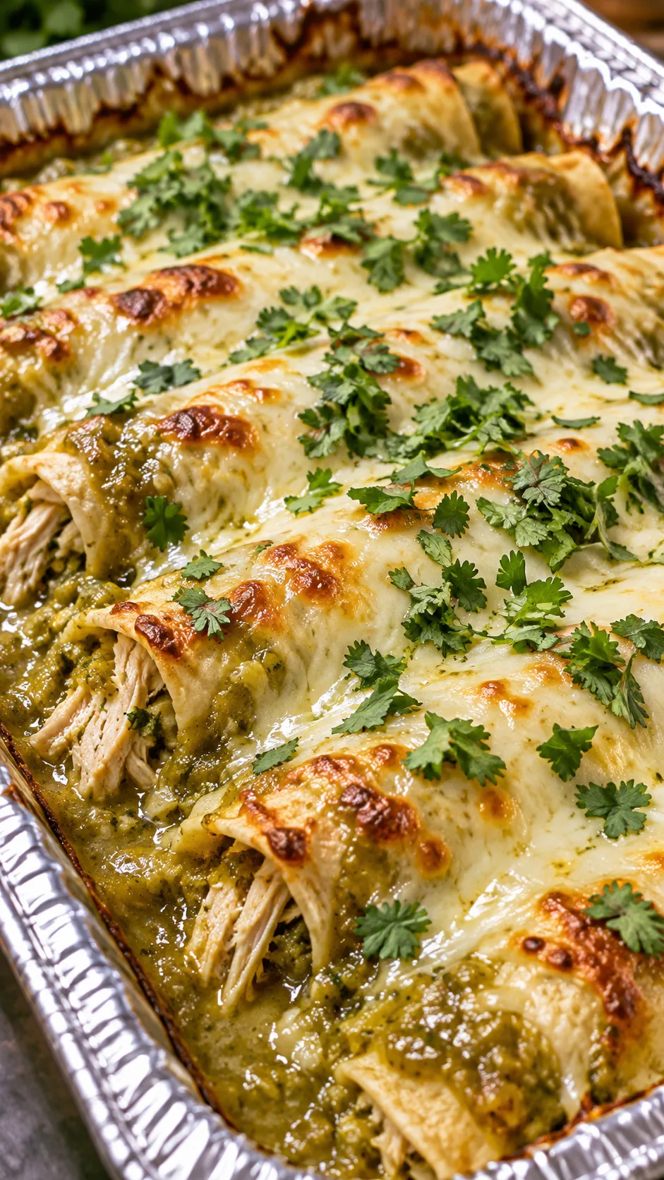 Pan of baked salsa verde chicken enchiladas bubbly melted Monterey Jack cheese with fresh cilantro topping in a disposable foil pan