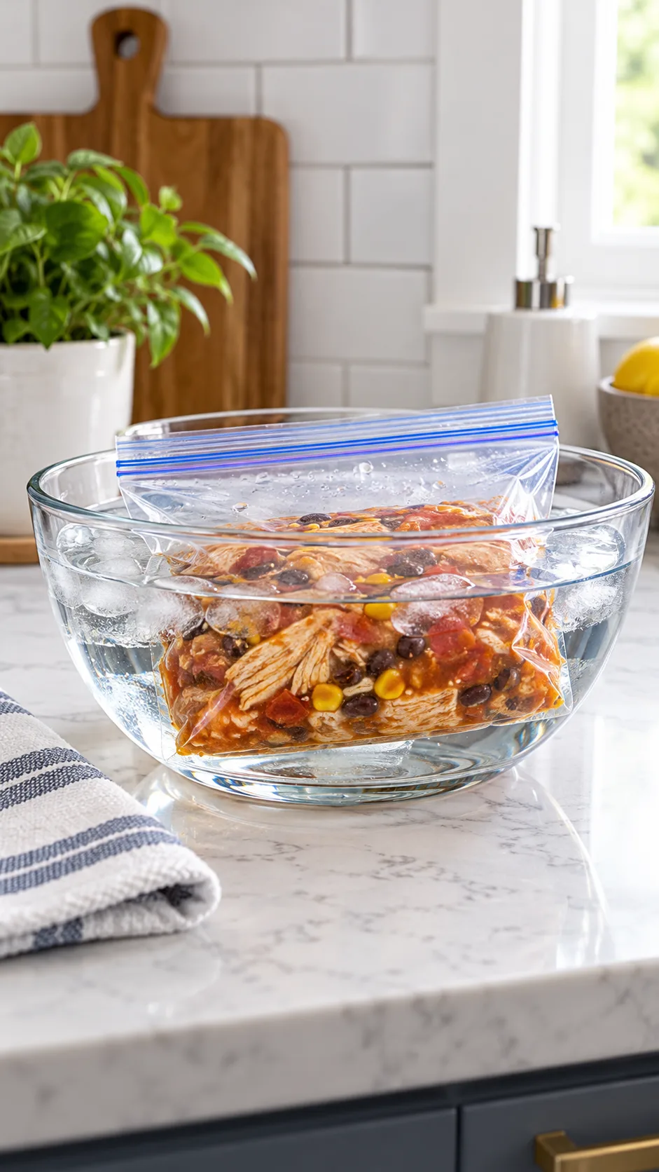 Clean modern kitchen counter with a transparent glass bowl filled with cold water thawing a sealed freezer meal bag safely
