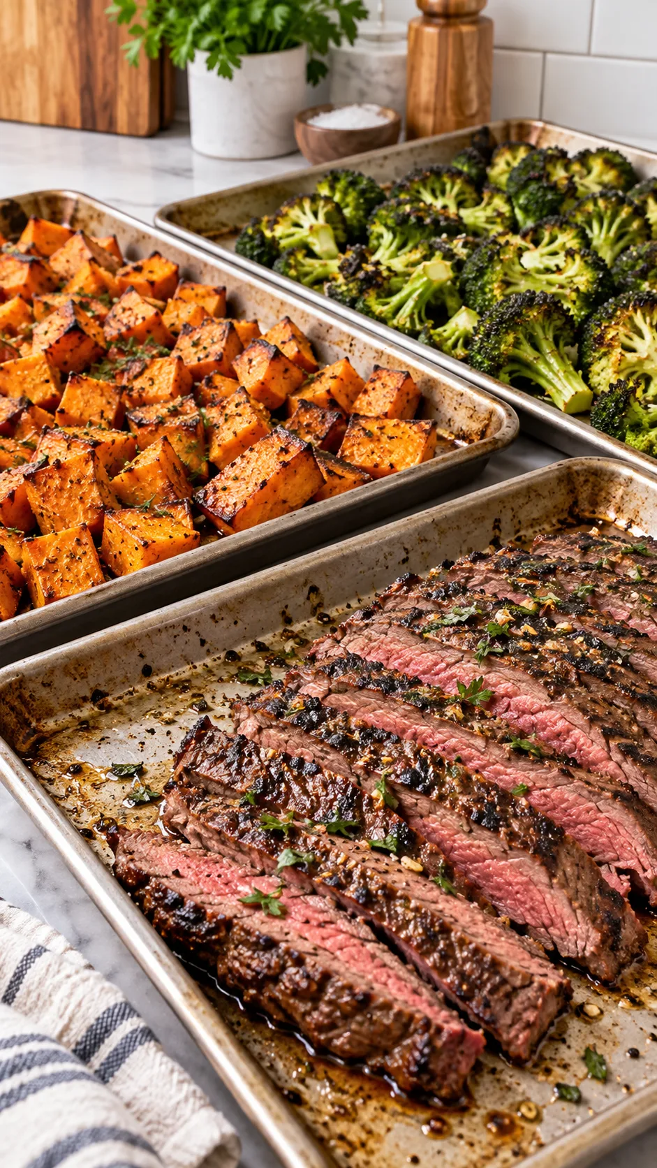 Close up of roasted sweet potatoes, charred broccoli florets, and seasoned sliced flank steak cooling on baking sheets in a clean kitchen setting