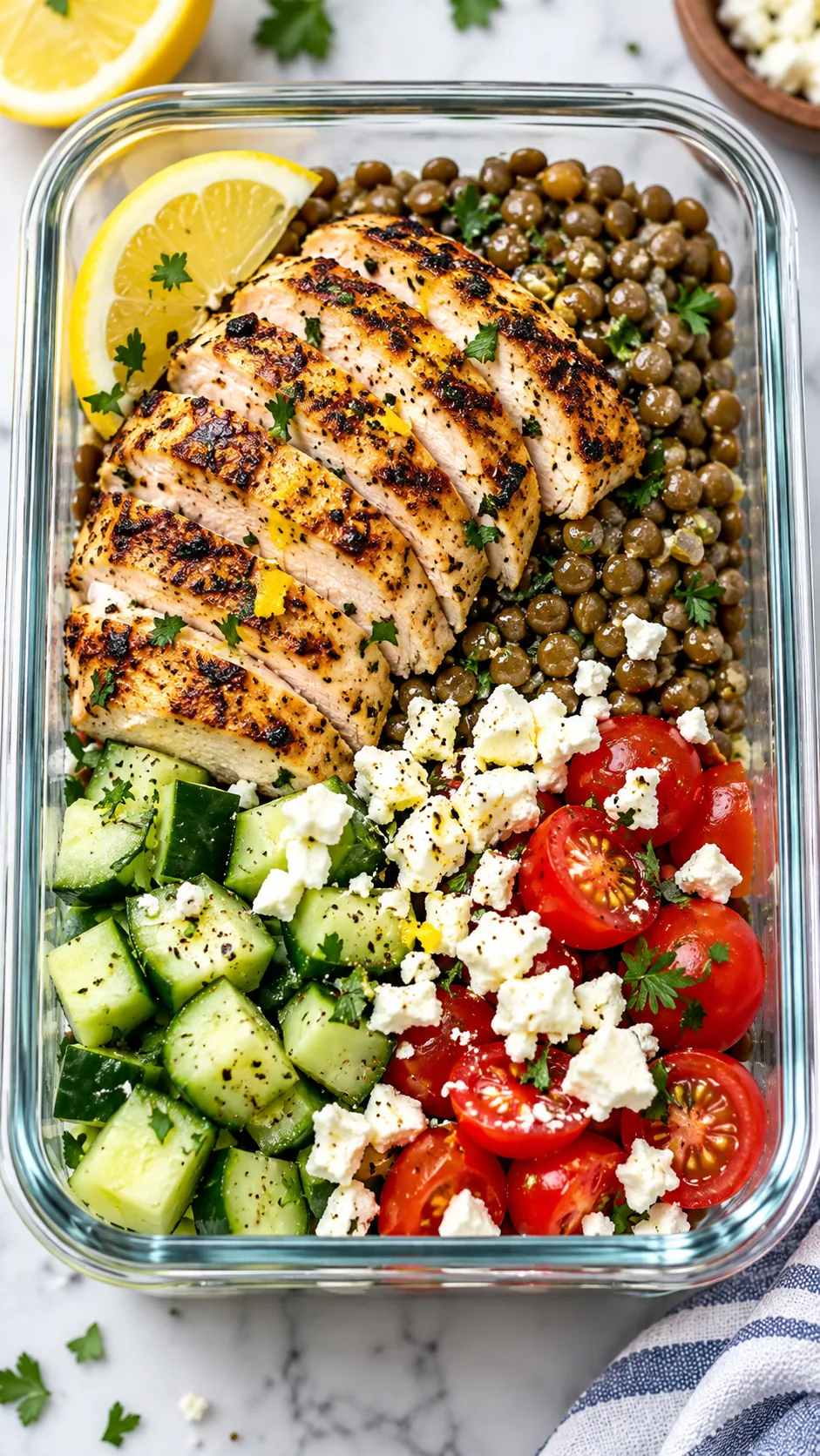Greek chicken meal prep container with sliced grilled lemon chicken breast, French green lentils, diced cucumbers, bright cherry tomatoes, and crumbled feta cheese