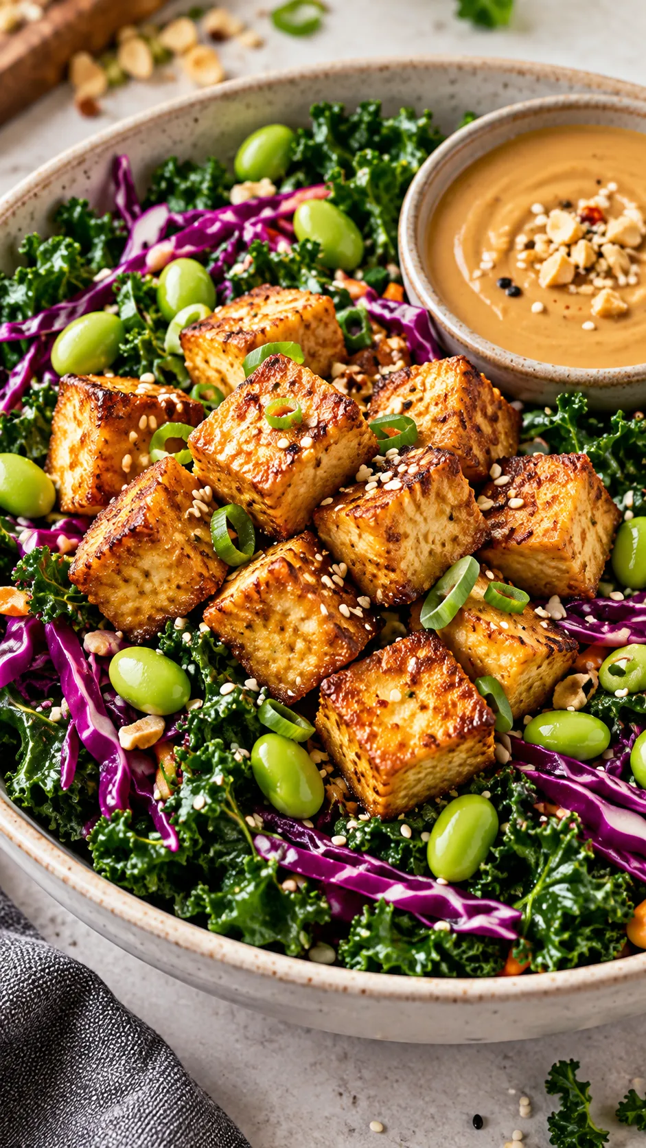 Golden crispy baked tofu cubes resting over massaged dark green kale, purple cabbage, and bright green edamame with a side cup of smooth peanut dressing