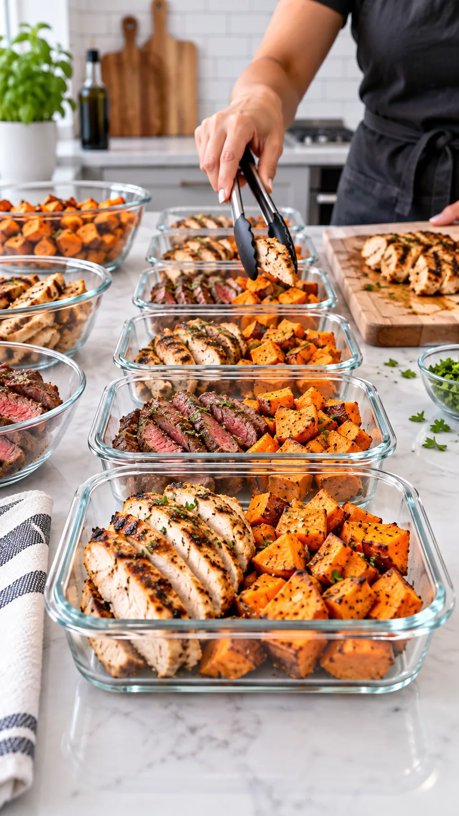 Clean modern kitchen showing an organized assembly line of open glass meal prep containers being filled with grilled sliced meats and roasted sweet potatoes