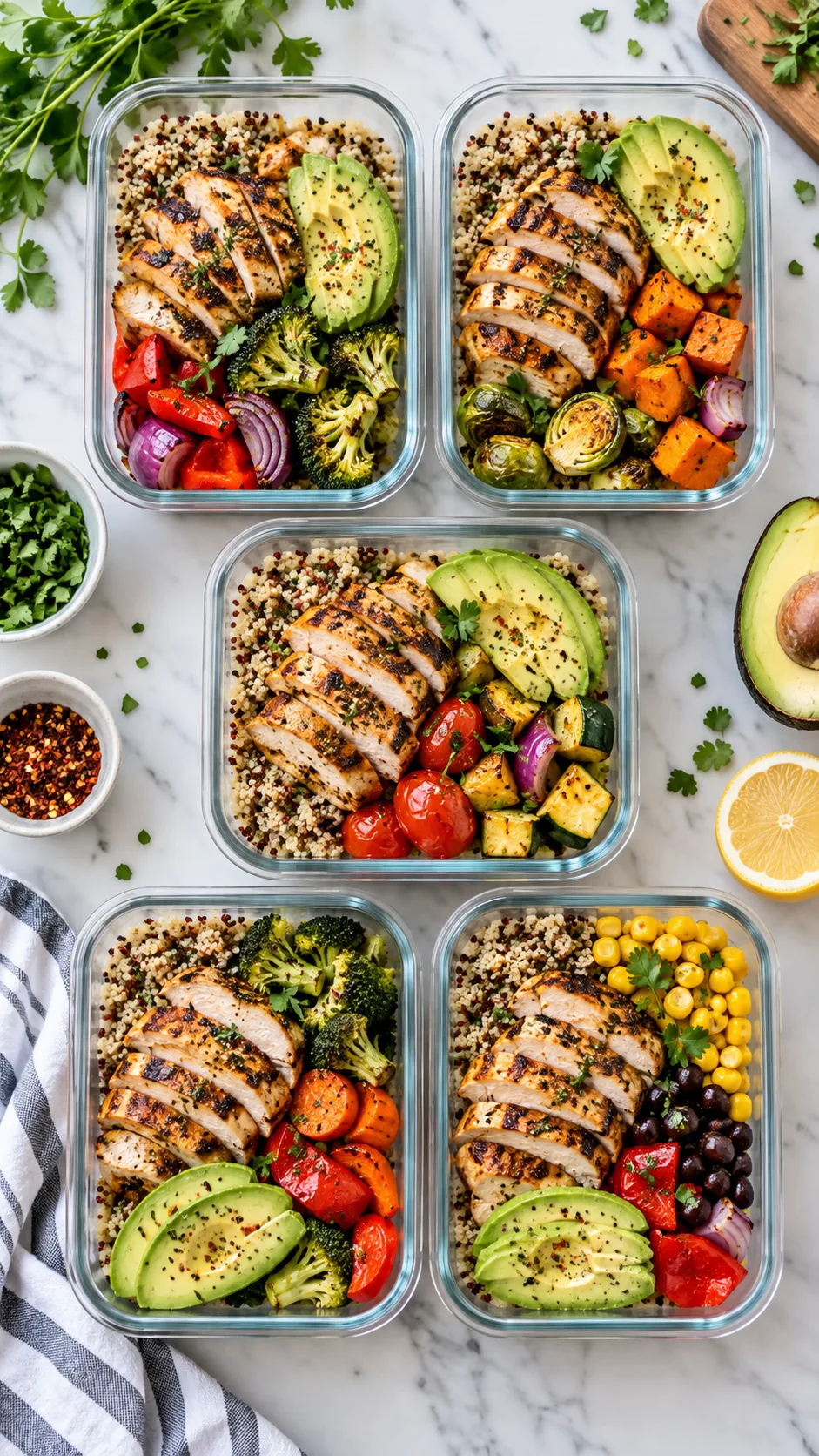 A flat-lay photograph of five colorful meal prep glass containers filled with high-protein grain bowls containing grilled chicken, quinoa, roasted vegetables, and avocado, shot in natural daylight on a modern marble kitchen counter