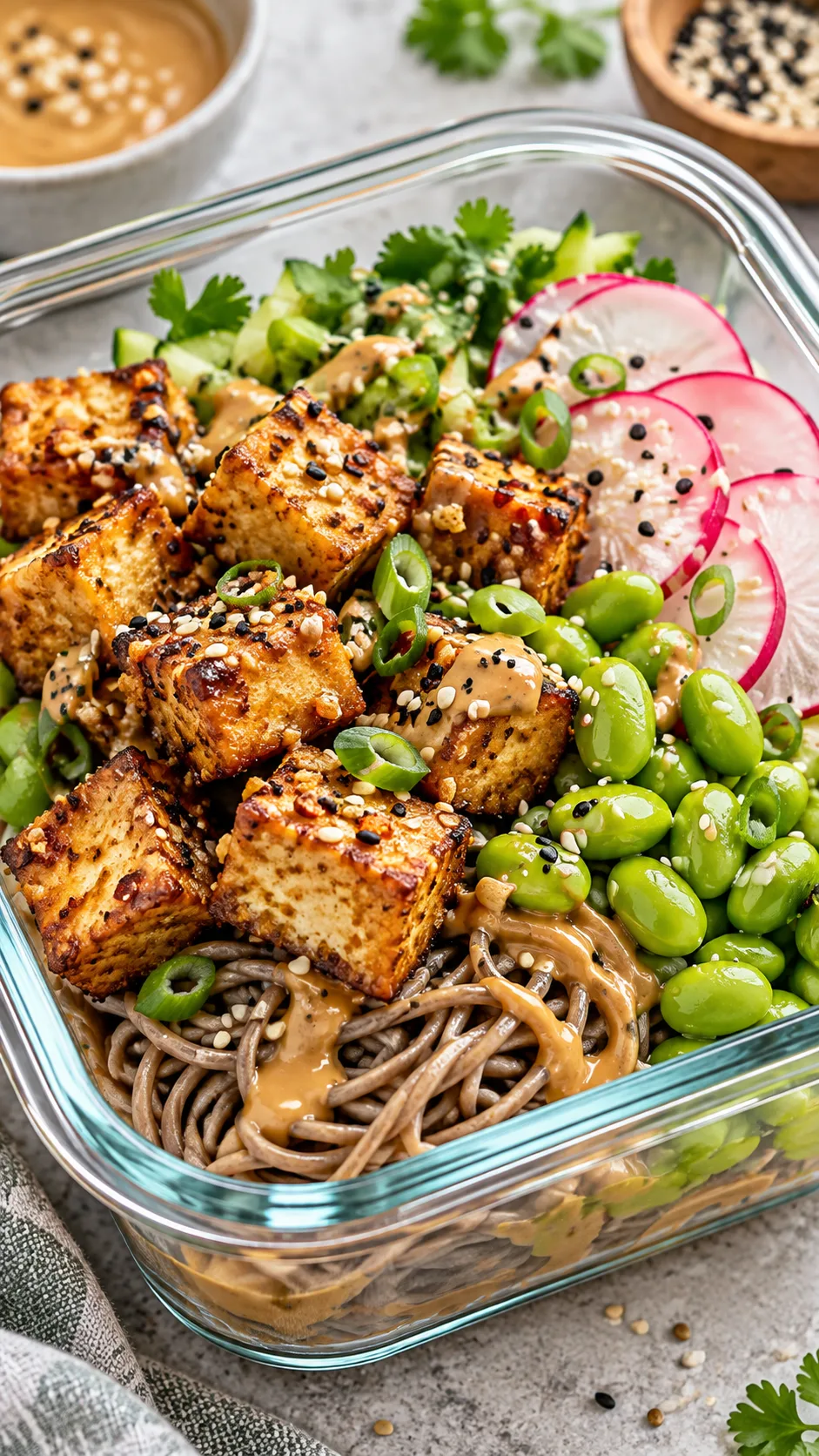 Close-up shot of an air-fried crispy garlic tofu and edamame soba noodle bowl with peanut sauce dressing, sliced radishes, and sesame seeds in an eco-friendly glass prep bowl