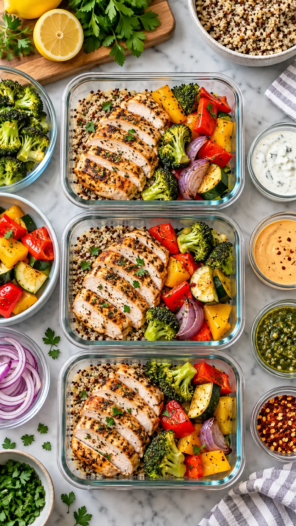 Overhead view of an organized kitchen prep station with glass meal containers, cooked chicken breast slices, colorful roasted veggies, and small sauce cups