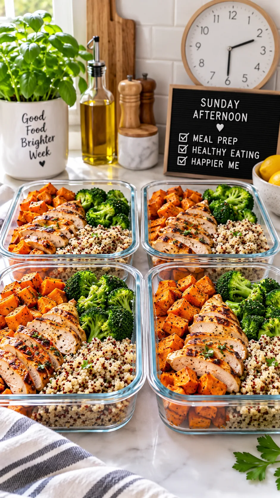 Neatly organized glass meal prep containers filled with roasted sweet potatoes, grilled chicken strips, quinoa, and vibrant steamed broccoli on a bright kitchen counter with a clock showing Sunday afternoon