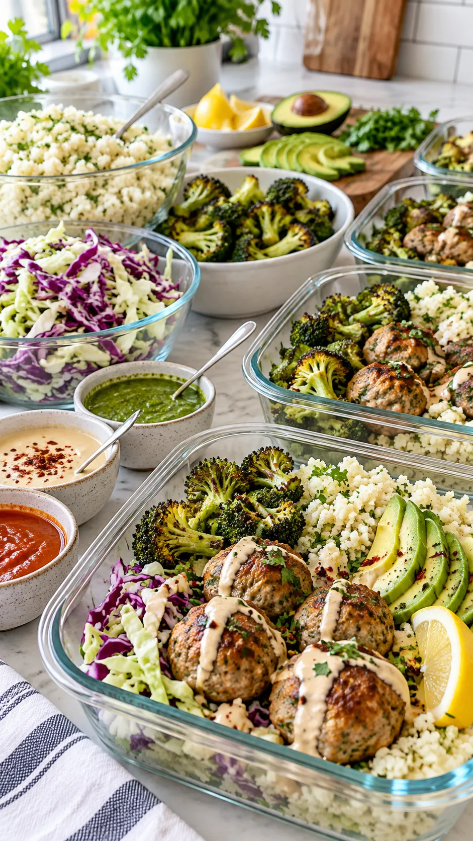 Close-up realistic food photography of a low carb meal prep assembly station with glass containers, cauliflower rice, shredded cabbage, roasted broccoli, avocado slices, lemon wedges, colorful sauces, and cooked turkey meatballs, bright home kitchen setting