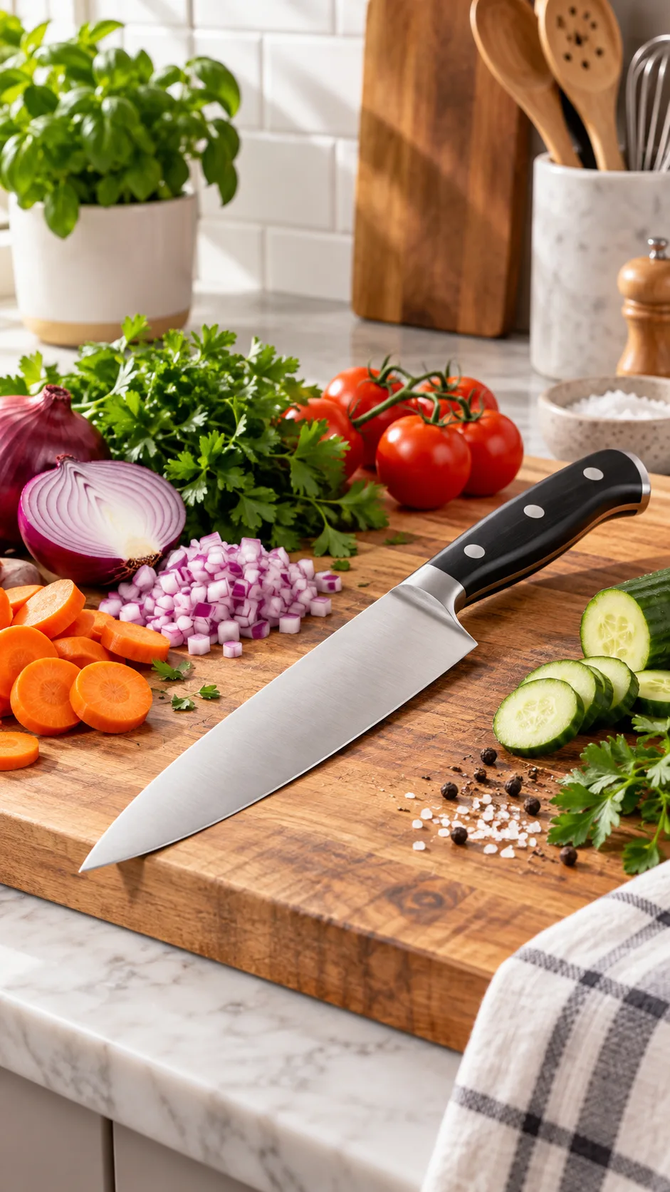 Clean, modern kitchen workspace featuring an 8-inch chef