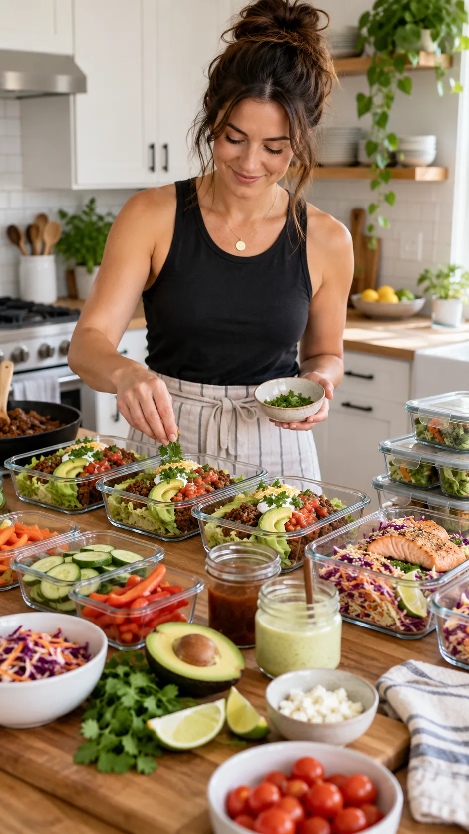 Realistic lifestyle photography of a person meal prepping low carb lunches in a clean home kitchen, arranging turkey taco bowls, salmon slaw boxes, vegetables, sauce jars, and glass containers across a wooden counter, warm natural lighting