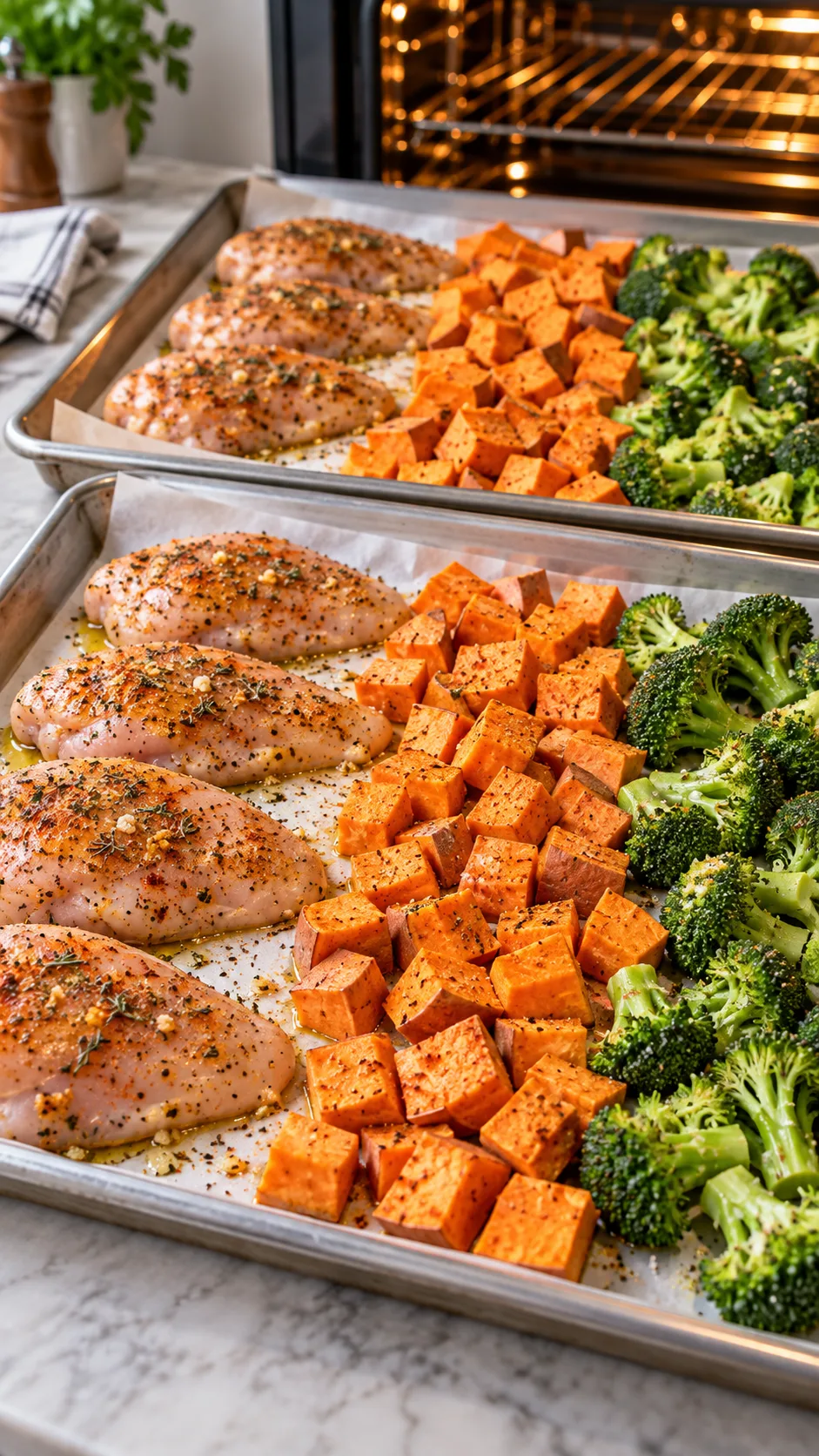 Raw seasoned chicken breast, diced sweet potatoes, and broccoli florets neatly arranged on aluminum baking sheets with parchment paper ready to slide into the hot oven