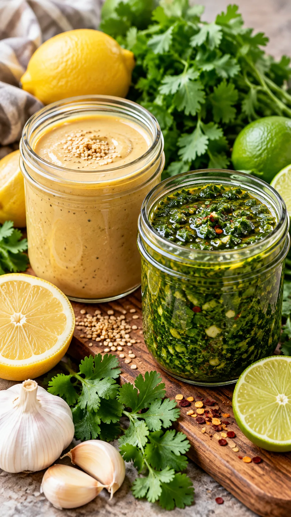 Two small clear glass mason jars filled with freshly made sauces, one creamy golden tahini sauce and one vibrant green cilantro lime chimichurri, surrounded by fresh lemons and herbs