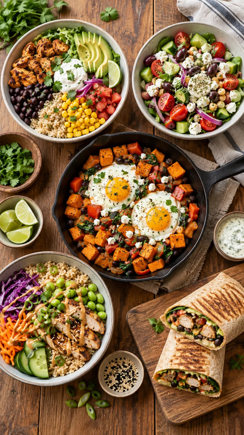 A flat lay photograph of five distinct meals created from the same base components arranged on a wooden dining table: a burrito bowl, a Mediterranean salad, a skillet sweet potato hash, an Asian grain bowl, and a toasted wrap
