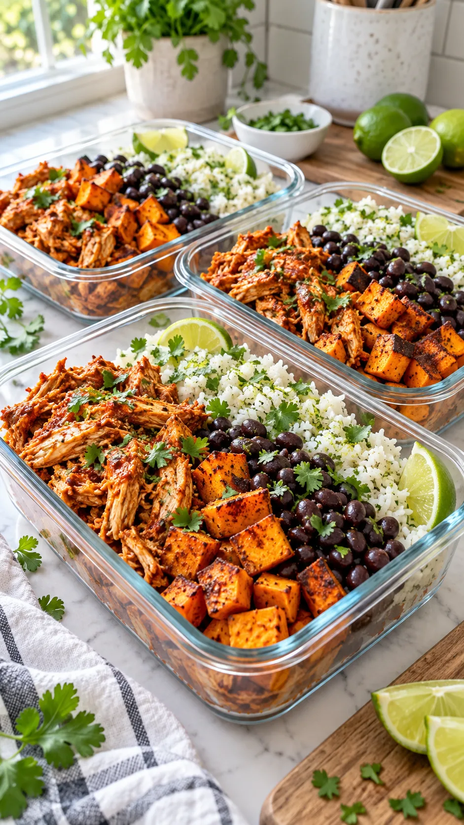 A bright, aesthetic kitchen counter with glass meal prep containers filled with colorful chipotle shredded chicken, roasted spiced sweet potatoes, black beans, and fresh cilantro lime rice, photographed from a 45-degree angle in crisp natural daylight
