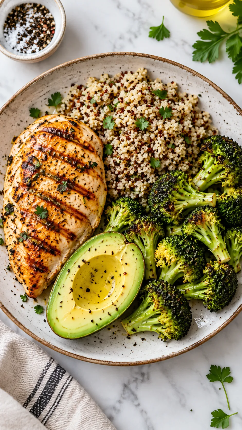 Flat lay overhead composition showing macro balance: a grilled chicken breast, a portion of quinoa, roasted broccoli florets, and half an avocado arranged neatly on a modern ceramic plate