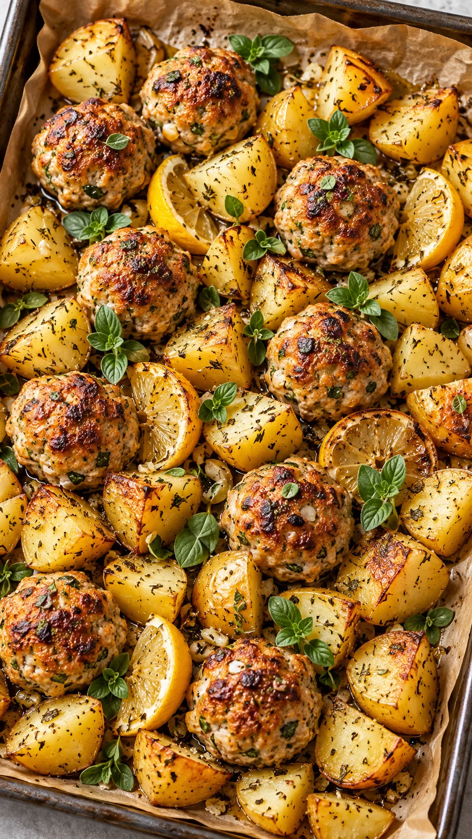 Golden-brown Greek turkey meatballs and roasted lemon-herb Yukon potatoes laid out on a sheet pan lined with brown parchment paper, garnished with fresh oregano leaves