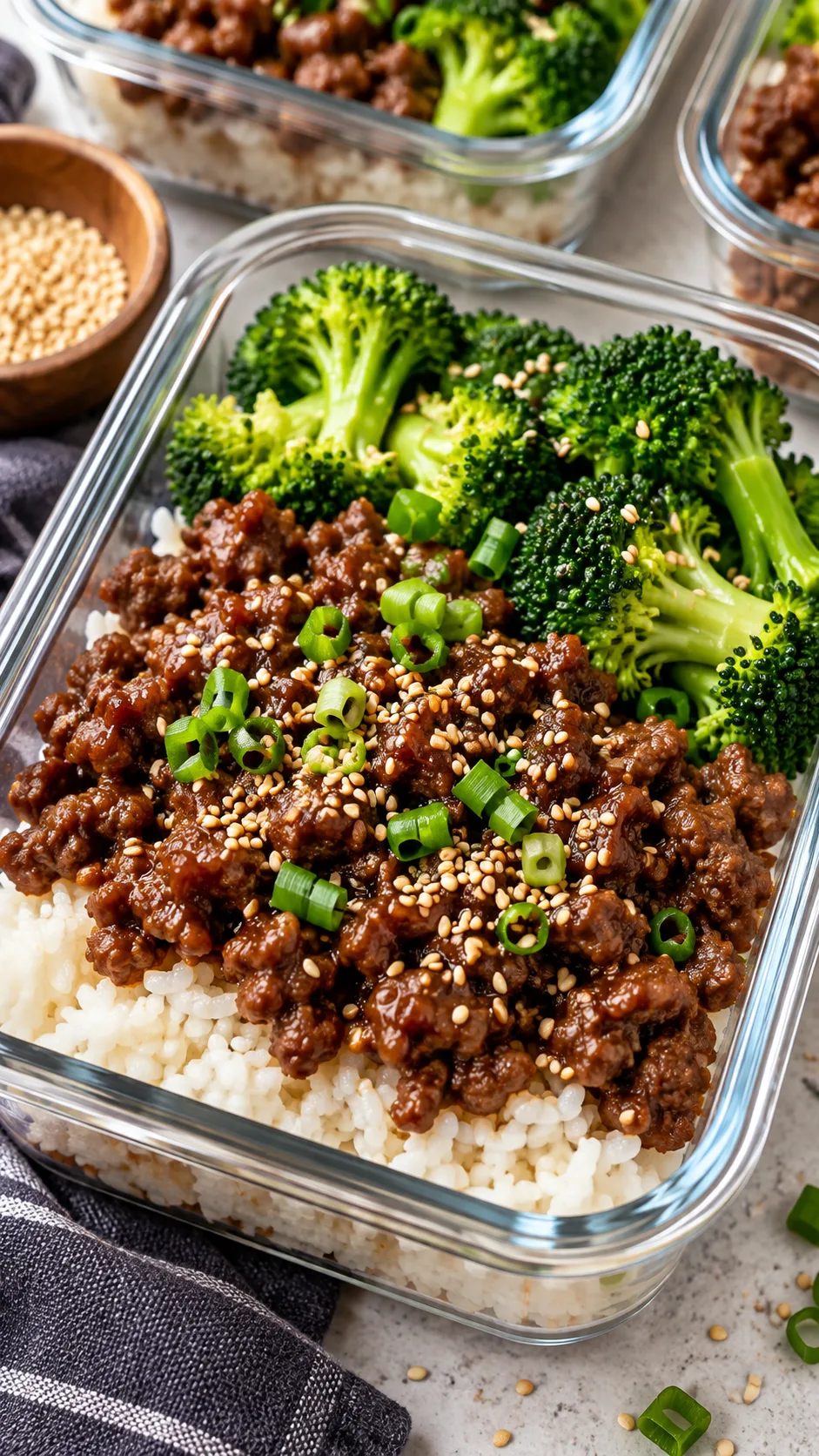 Korean beef bowl meal prep container featuring glistening minced beef, fluffy white rice, vibrant green steamed broccoli, and a sprinkle of toasted sesame seeds