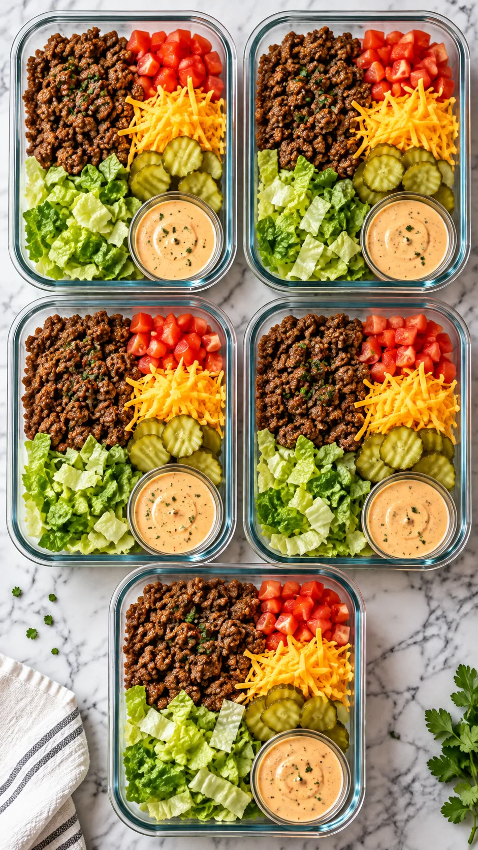 Overhead shot of five colorful glass meal prep containers arranged neatly on a marble countertop, each containing a vibrant deconstructed burger bowl with seasoned ground beef, diced tomatoes, shredded cheddar cheese, sliced dill pickles, crisp romaine lettuce, and drizzled special sauce in small dressing cups