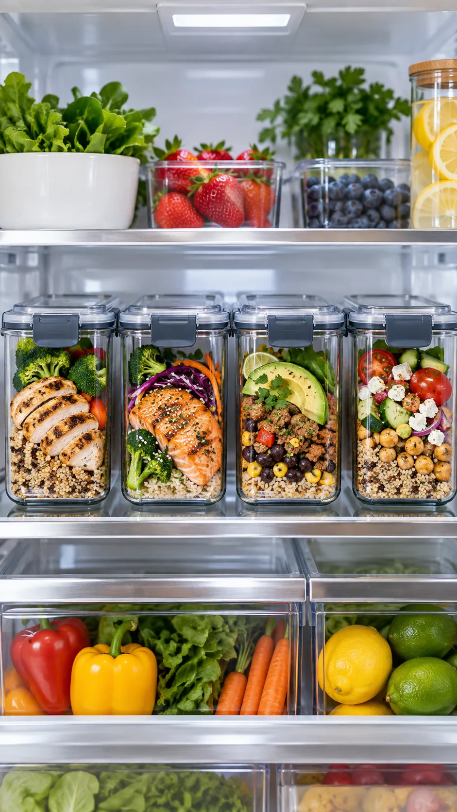 Neat row of four glass meal prep containers with locked snap-lids stacked securely inside a well-organized, modern refrigerator shelf