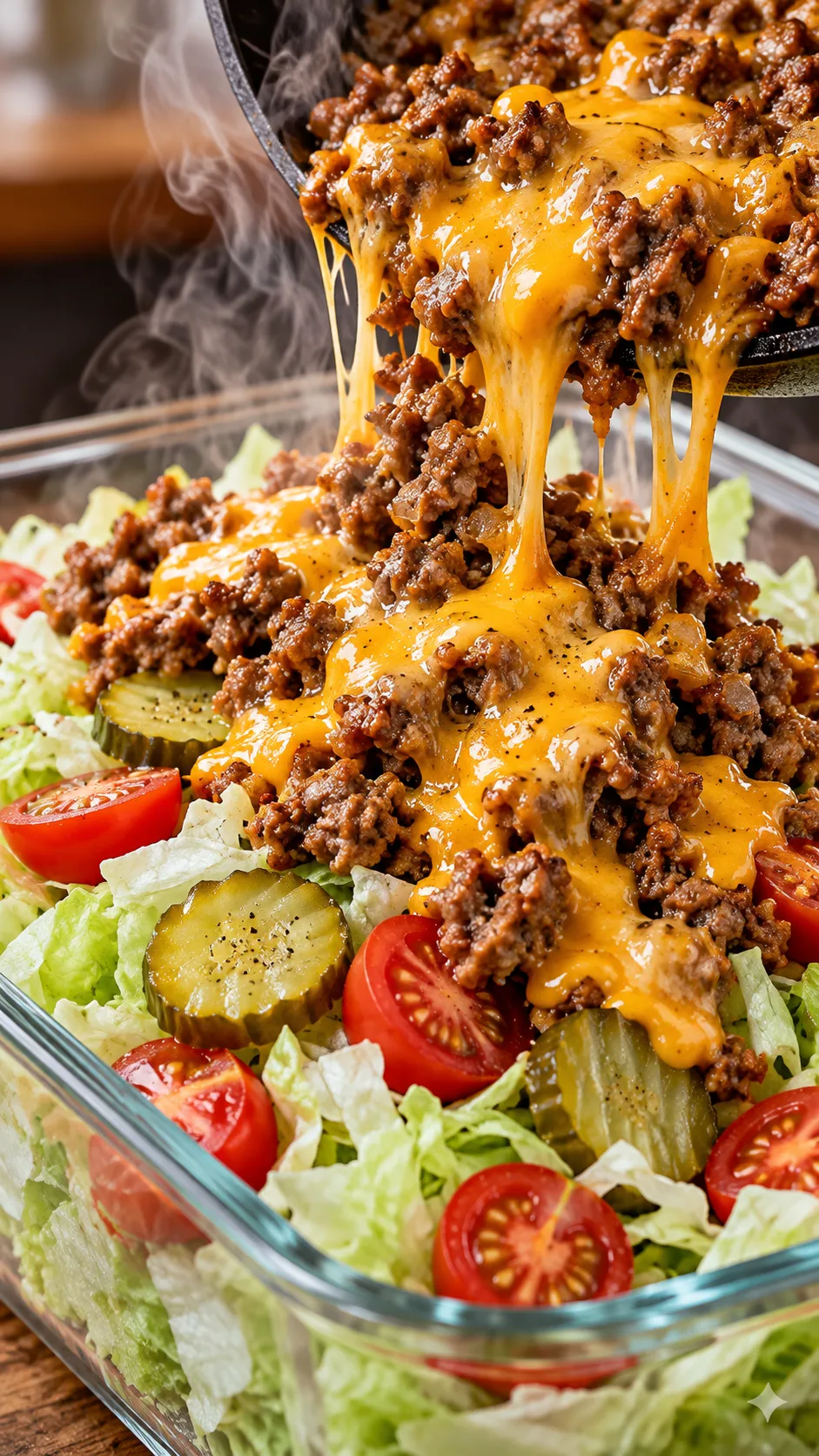 Close-up action shot of steaming hot seasoned ground beef with melted cheddar cheese being poured over a cold bed of crisp shredded iceberg lettuce, cherry tomatoes, and sliced dill pickles in a clear glass container