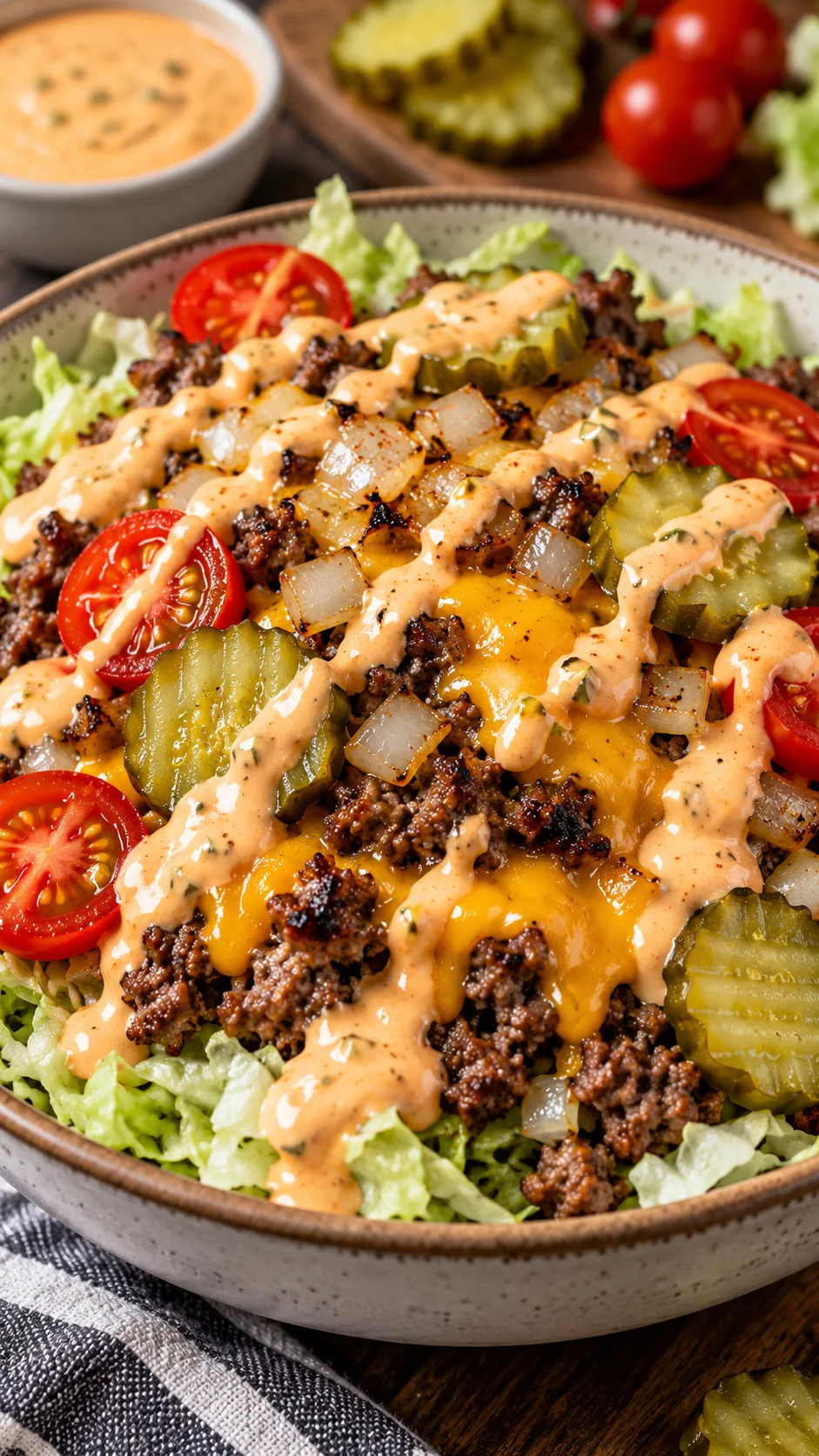 A loaded smashburger bowl featuring crumbled browned ground beef, melted sharp cheddar, diced grilled onions, crinkle-cut dill pickles, cherry tomato halves, shredded iceberg lettuce, and a generous drizzle of creamy orange special burger sauce
