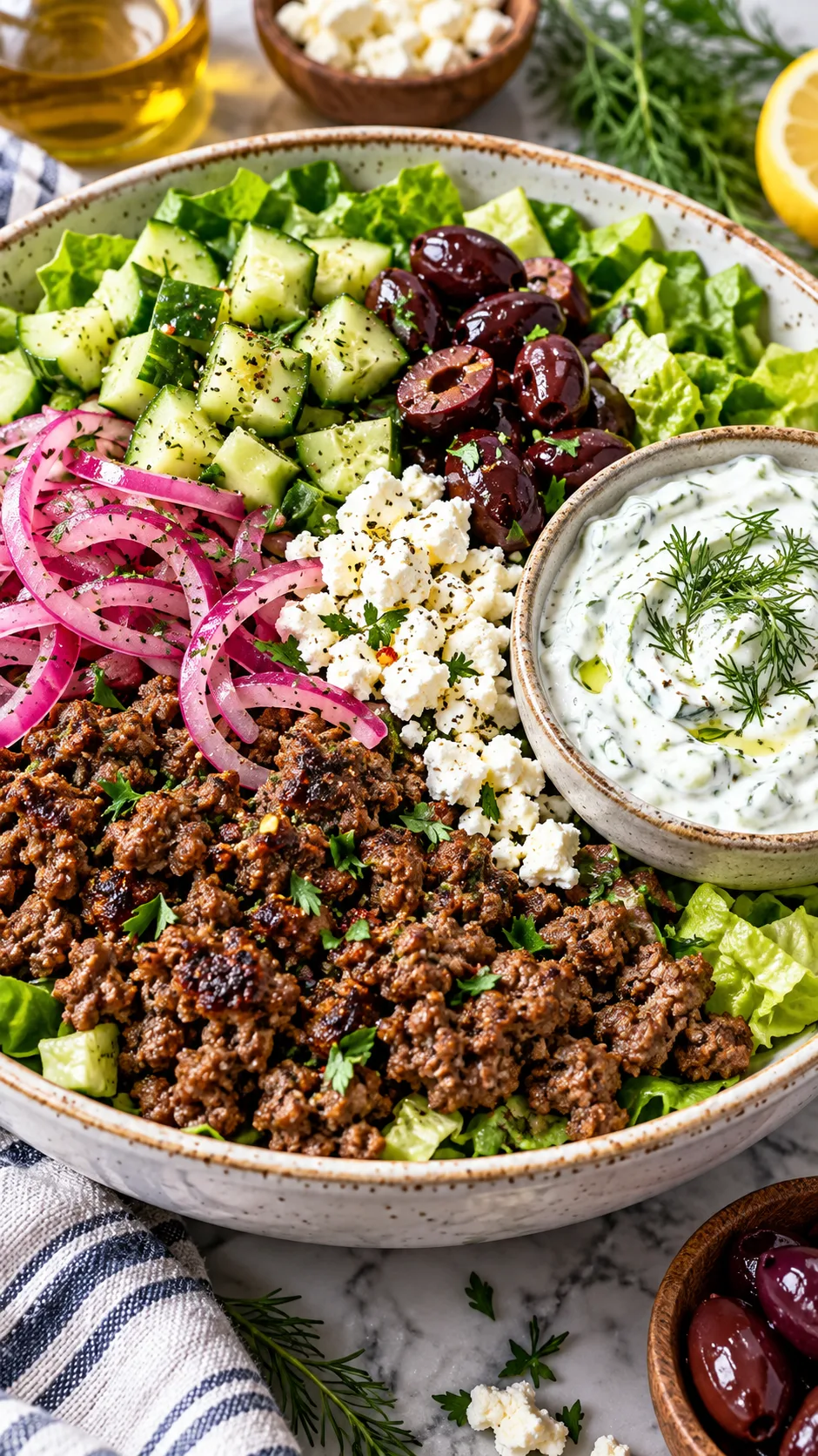 Mediterranean burger bowl styled with seasoned gyro spiced minced beef, diced Persian cucumbers, kalamata olives, pickled red onion ribbons, crumbled feta cheese, chopped crisp romaine lettuce, and a bowl of thick creamy tzatziki sauce garnished with fresh dill