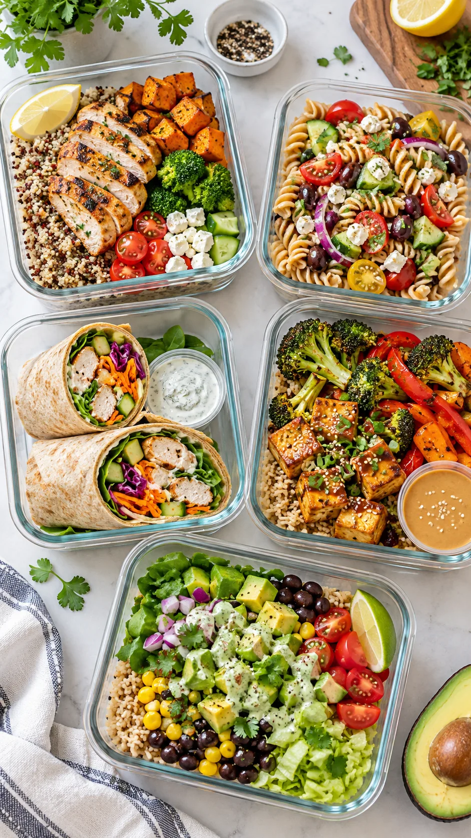 Bright overhead food photography of five colorful work meal prep containers arranged on a clean kitchen counter, including grain bowls, pasta salad, wraps, roasted vegetables, chicken, tofu, sauces in small containers, natural daylight, realistic home cooking style
