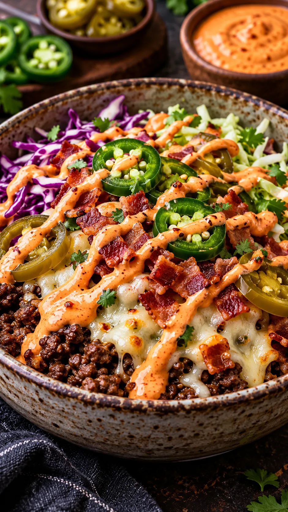 Spicy burger bowl in a rustic ceramic bowl with ground beef, melted bubbly pepper jack cheese, crispy chopped bacon, fresh and pickled sliced jalapeños, shredded red and green cabbage, and a fiery red-orange chipotle mayo drizzle