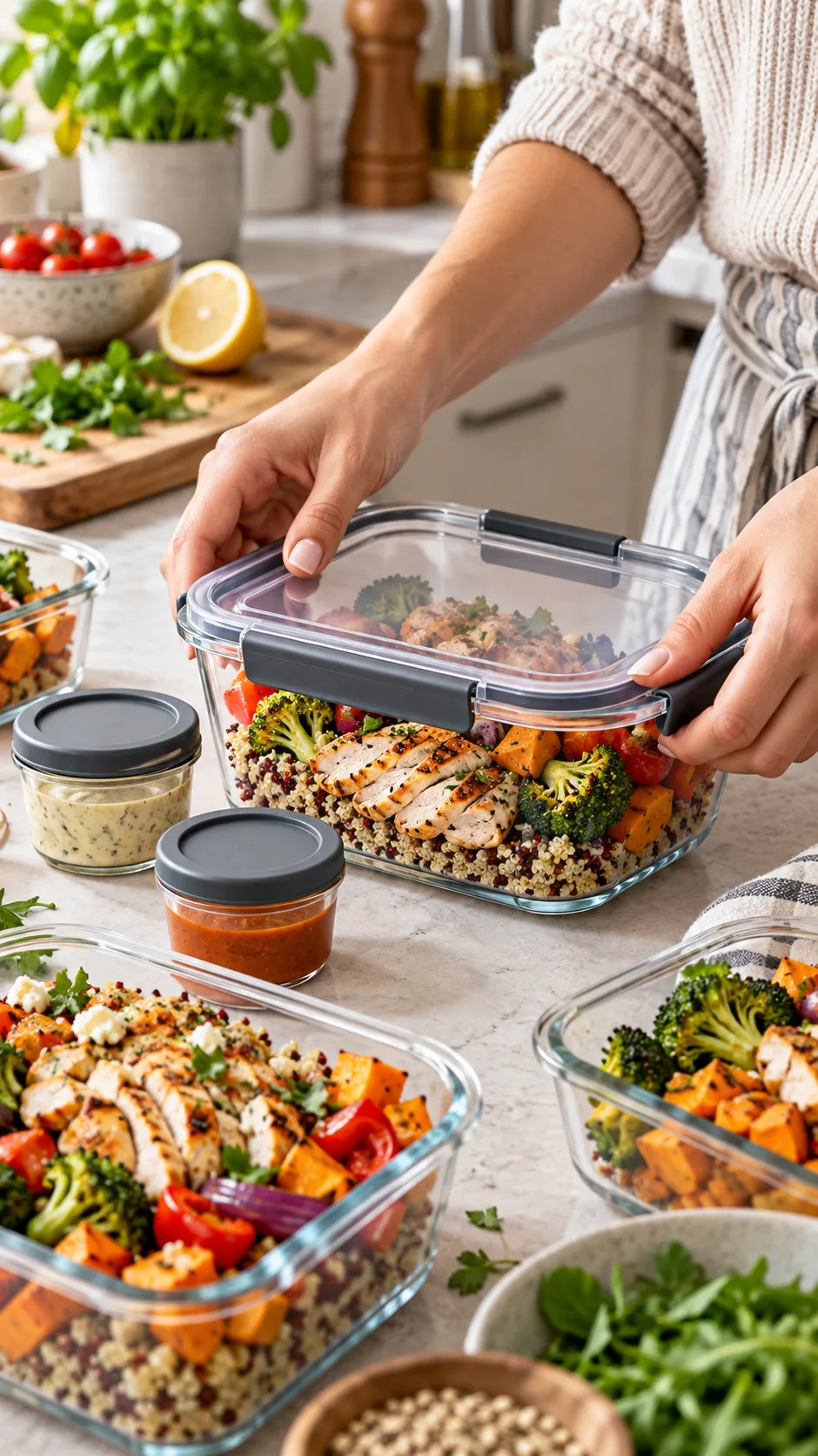 Realistic close-up food photography of hands packing a healthy work lunch into leakproof glass meal prep containers, separate small sauce containers, roasted vegetables, quinoa, chicken, colorful ingredients, tidy home kitchen, warm natural light