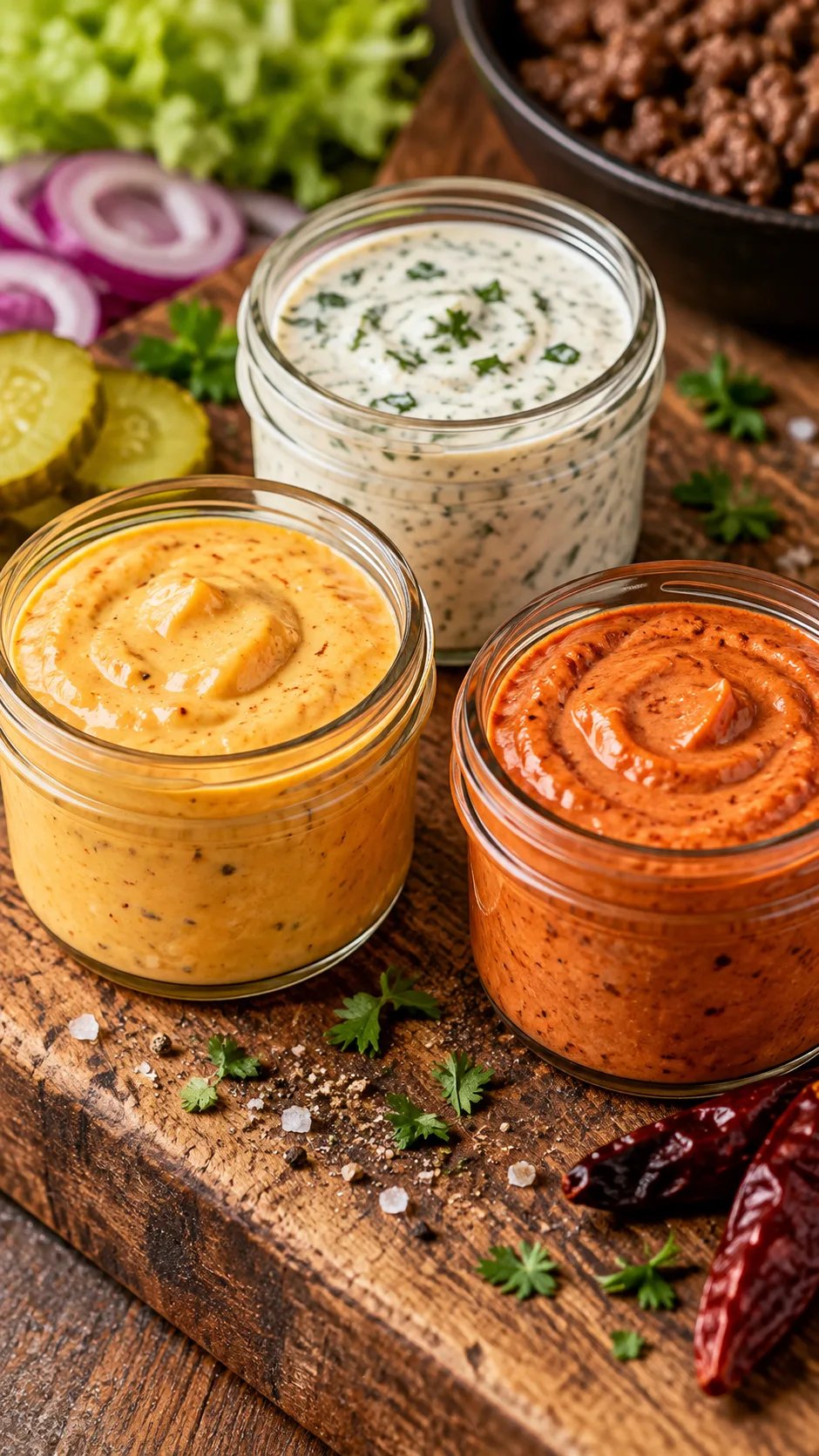Three small clear glass prep jars filled with three colorful burger bowl sauces: yellow-orange smash sauce, creamy white herb ranch dressing, and smoky red chipotle aioli, arranged on a rustic wooden board