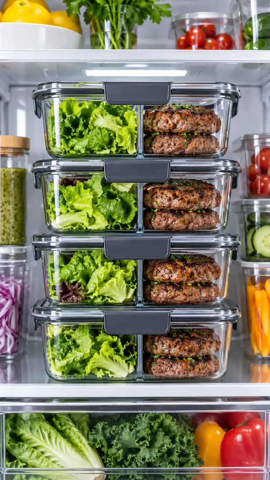 Glass meal prep containers stacked inside an organized clean modern refrigerator, showing separated compartments with vibrant green lettuce and seasoned cooked burger patties