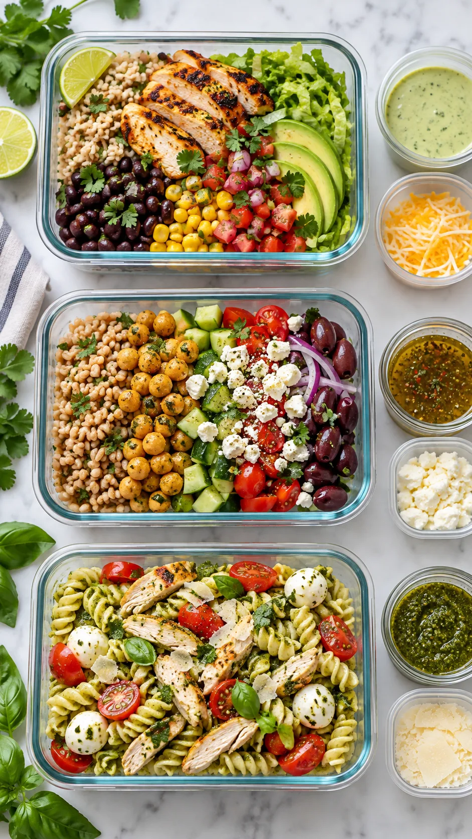 Overhead realistic food photography of three vibrant meal prep lunches for work: southwest chicken burrito bowl, Mediterranean farro chickpea bowl, and pesto chicken pasta salad in reusable containers, separate dressings and toppings, clean bright editorial style