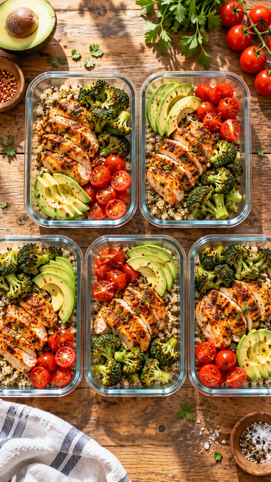 Overhead shot of five colorful glass meal prep containers arranged neatly on a rustic wooden countertop, filled with quinoa, grilled spicy chicken, roasted broccoli, avocado slices, and cherry tomatoes, bright natural morning sunlight