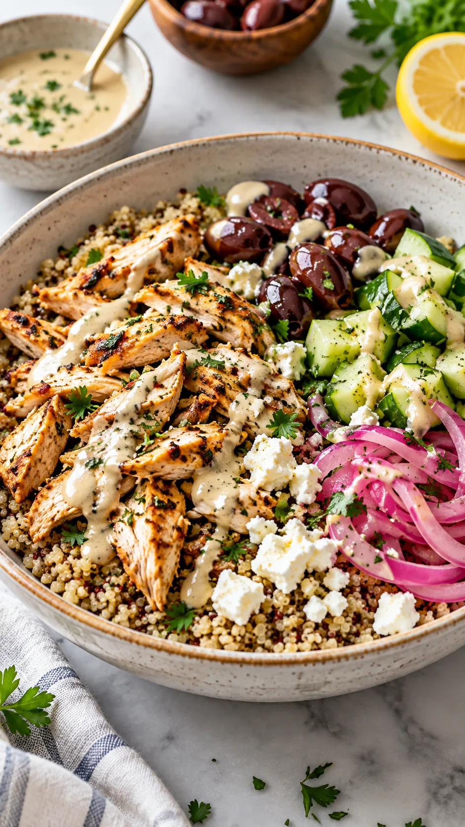 A delicious Mediterranean grain bowl in a wide ceramic dish with seasoned shredded chicken breast, fluffy quinoa, kalamata olives, cucumber chunks, pickled red onion, and creamy tahini dressing, soft natural lighting