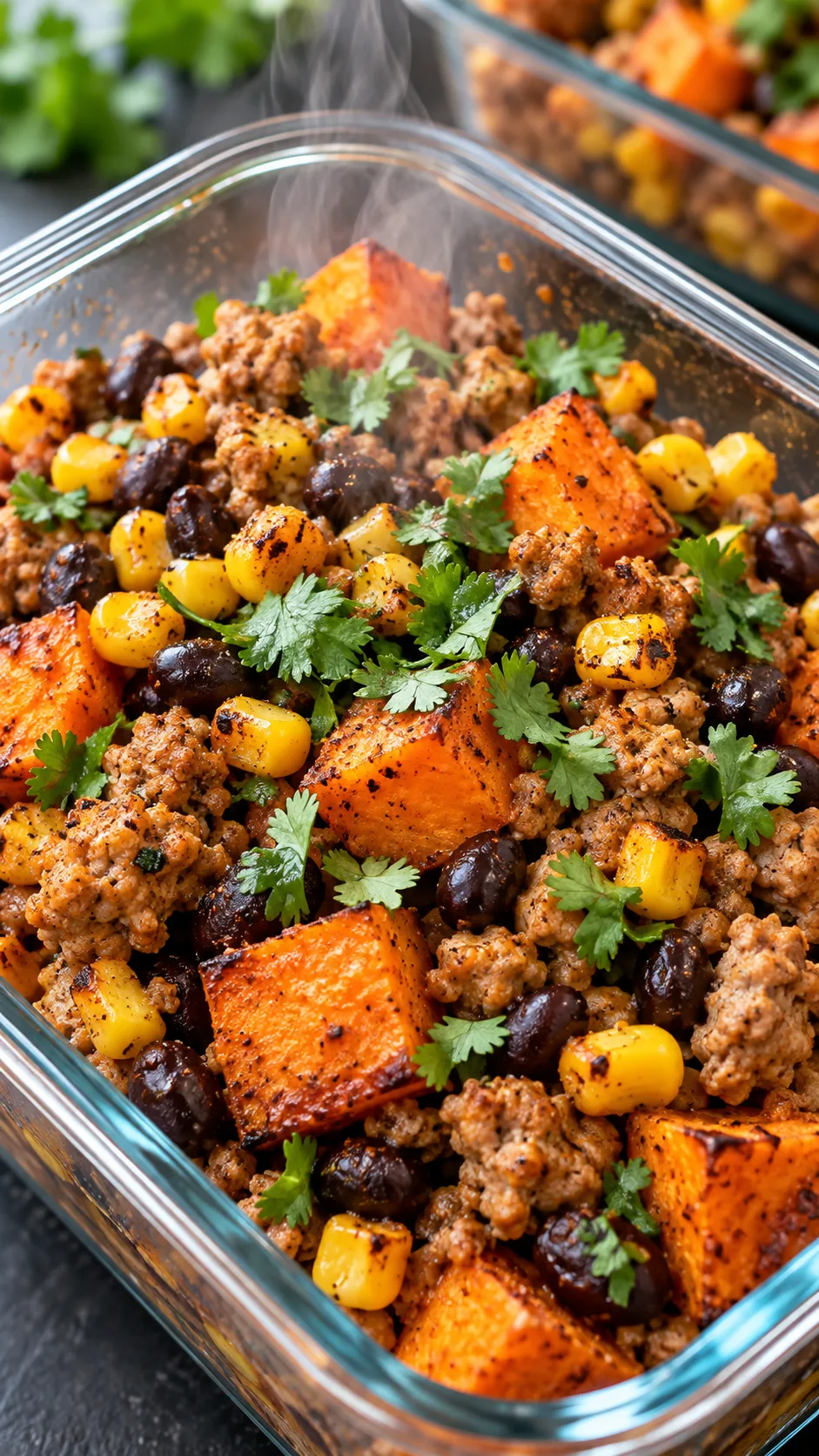 Close-up macro shot of seasoned ground turkey with black beans, diced roasted sweet potatoes, roasted corn, and fresh cilantro in a glass meal prep dish, steam rising lightly