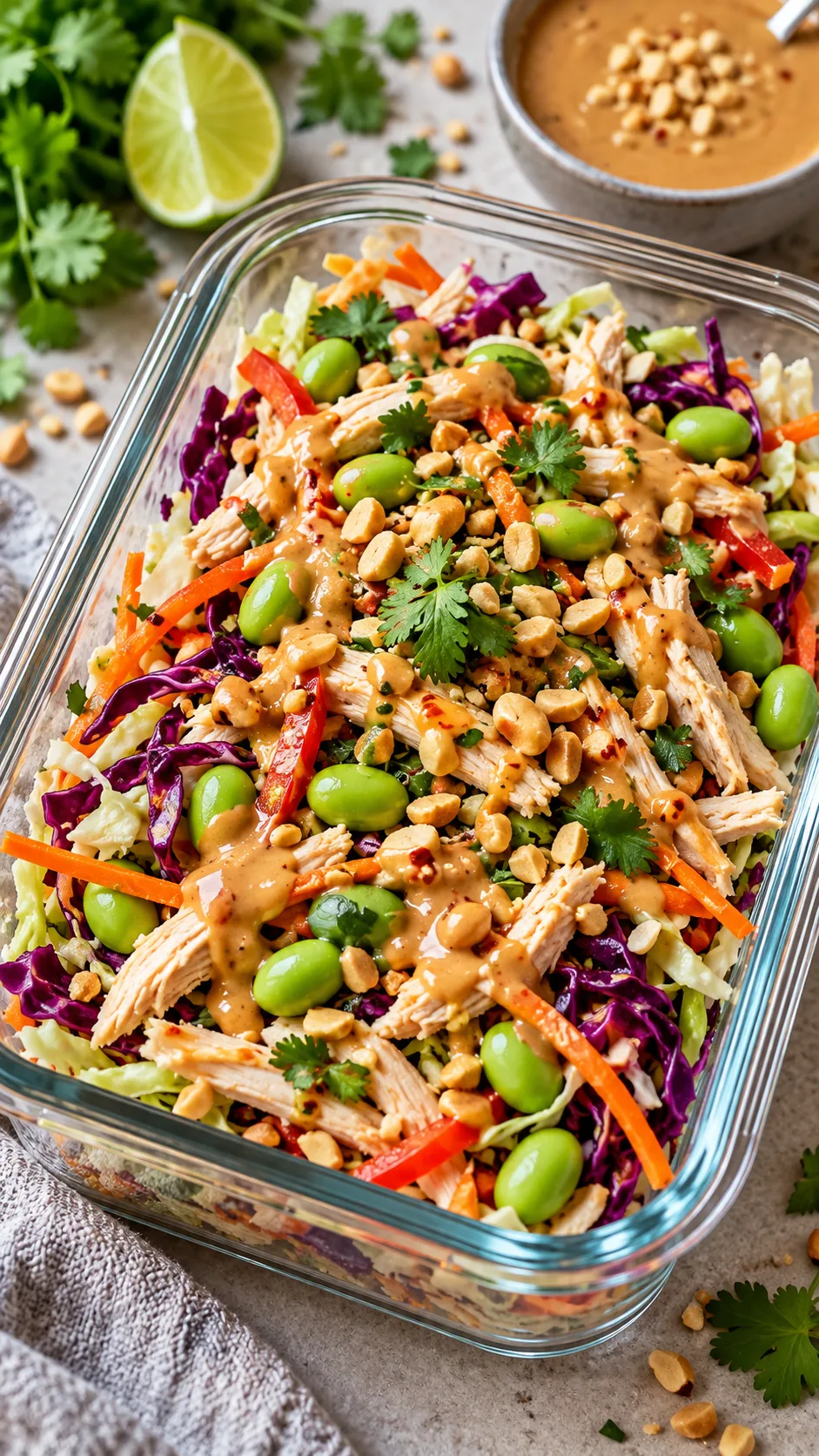 Glass meal prep container featuring a vibrant Thai shredded cabbage salad with edamame, shredded chicken, chopped peanuts, and a drizzle of rich peanut dressing, high detail culinary photography