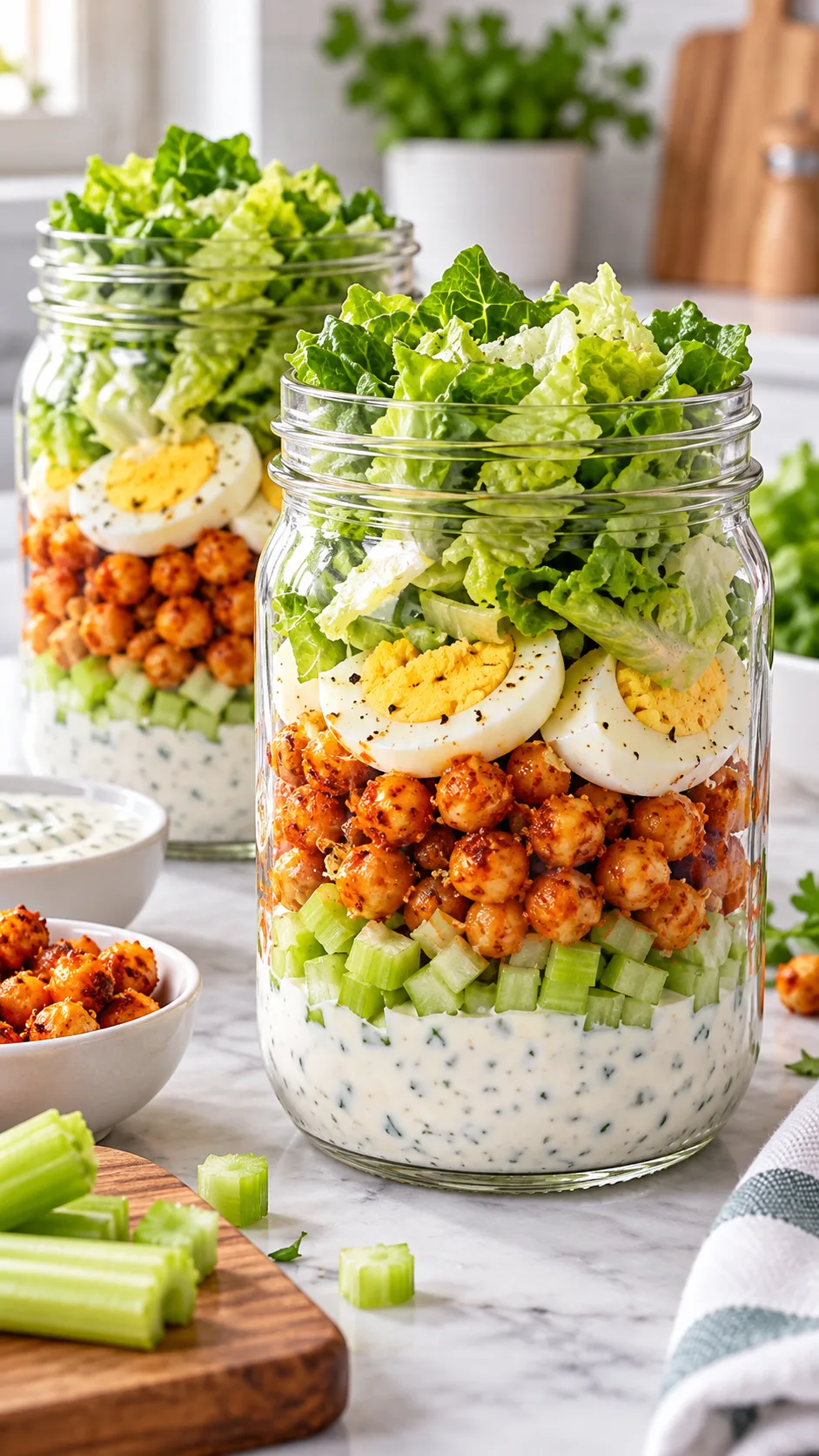Two wide-mouth mason jars layered from bottom to top with Greek yogurt ranch dressing, diced celery, spicy roasted buffalo chickpeas, hard-boiled egg slices, and crisp romaine lettuce, bright kitchen counter background