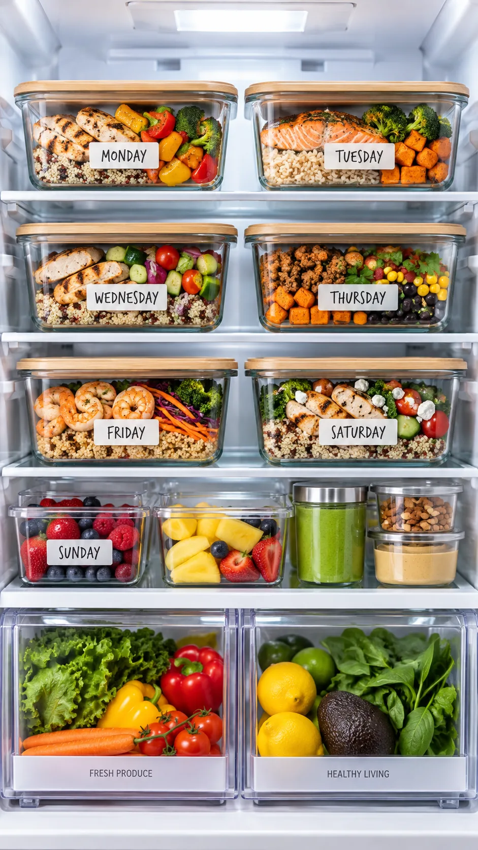 A clean, organized refrigerator interior with neatly stacked glass meal prep containers containing colorful healthy meals, labeled with days of the week, bright white interior refrigerator lighting