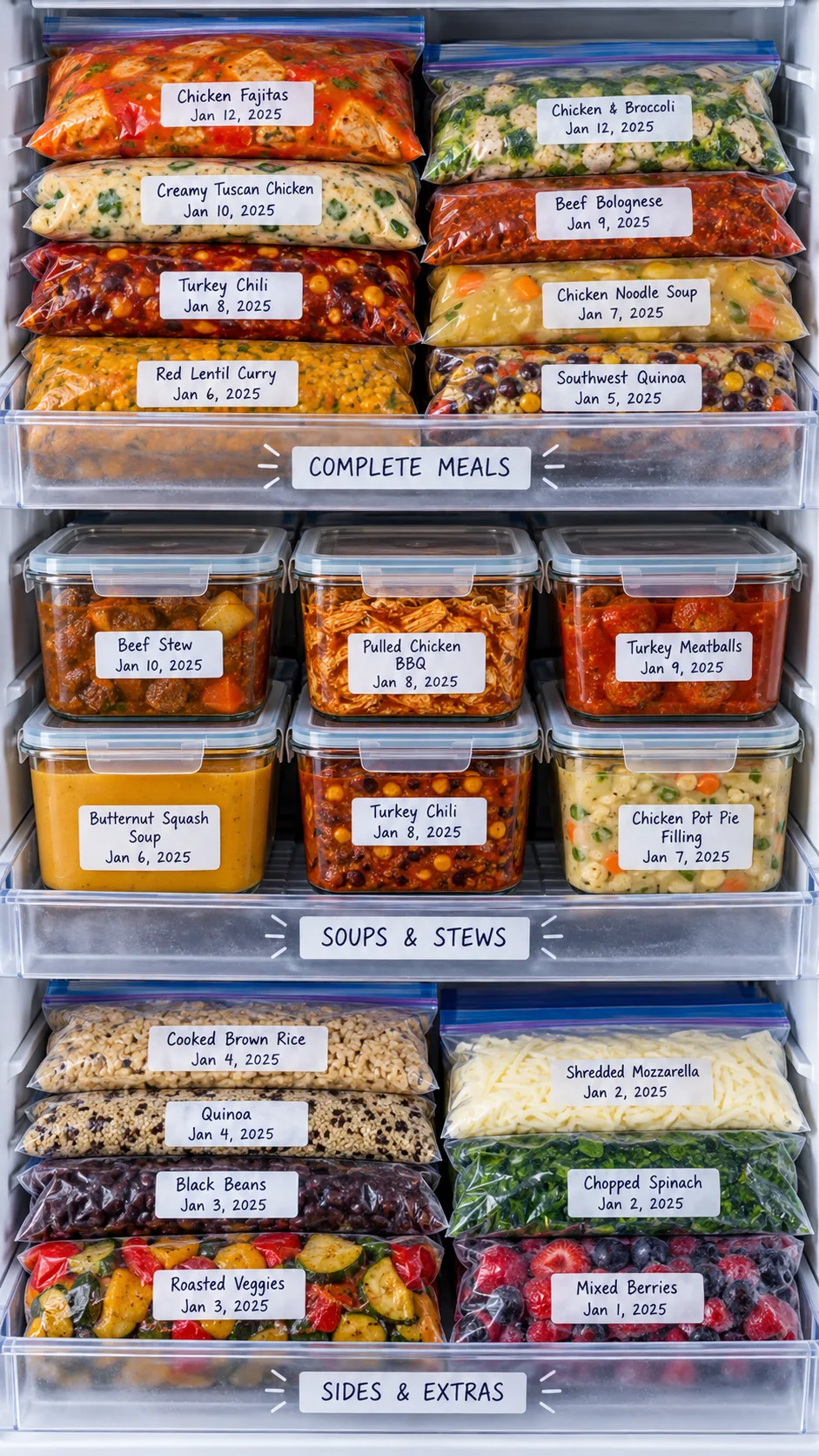 Neatly organized freezer drawers showing flat-stacked zip bags of colorful frozen meals, clear glass containers with hearty stews, and clearly handwritten labels with dates
